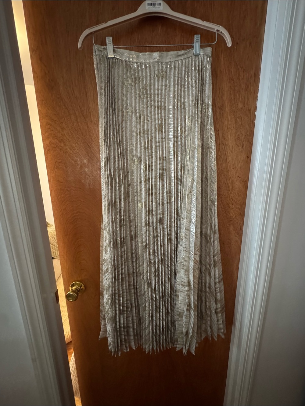Moulinette Soeurs Metallic Pleated Cream Maxi Skirt